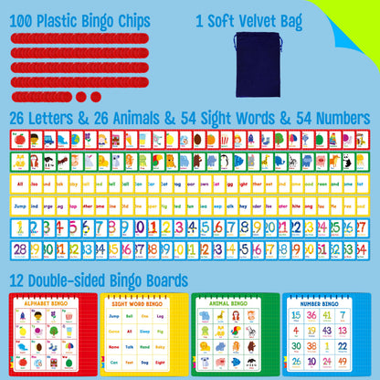 Family Bingo Game, Alphabet Animal Sight Word and Number Bingo Board Game, Counting and Matching Skills Classic Educational Game for Kindergarten and Preschool Kids, Perfect for Home and Classroom