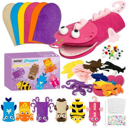 WATINC 6Pcs Hand Puppet Making Kit, Art Craft Felt Sock Puppet Toys, Creative DIY Make Your Own Pompoms Wiggle Googly Eyes Storytelling Role Play Party Supplies Gift for Girls Boys (Ocean Animals B)