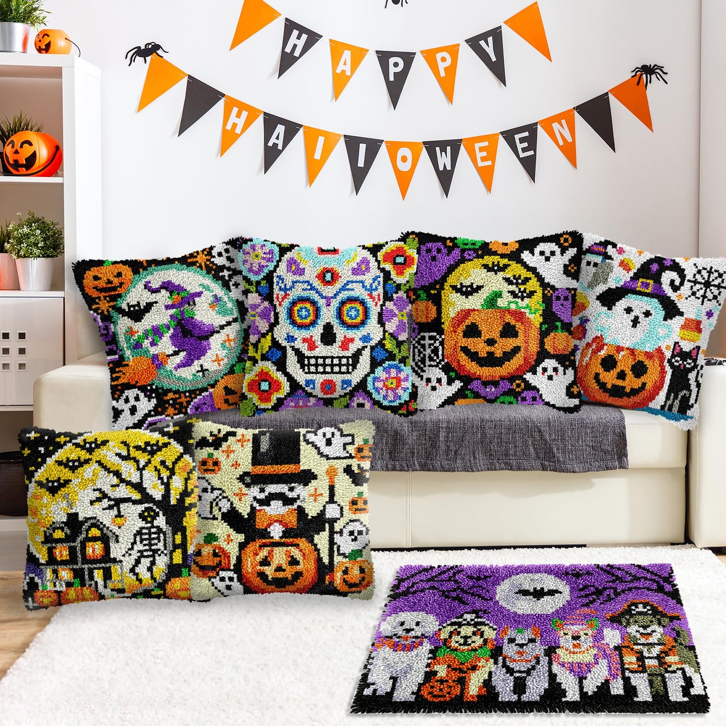 veirousa Halloween Jack O Lantern Latch Hook Kits for Adults Kids Beginners DIY Latch Hook Rug Kit Pre-Printed Hook and Latch Carpet Making Kits Cross-Stitch Wall Hanging Crochet Set 15x20 Inch