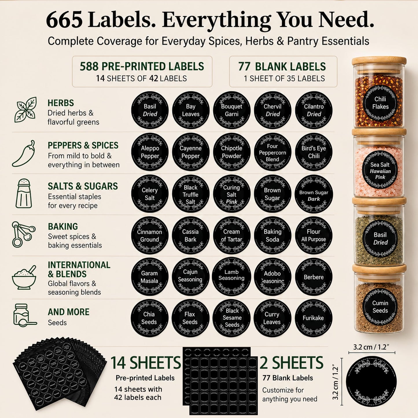 665 Spice Labels Book with A-Z Index, Black Round Pantry Stickers