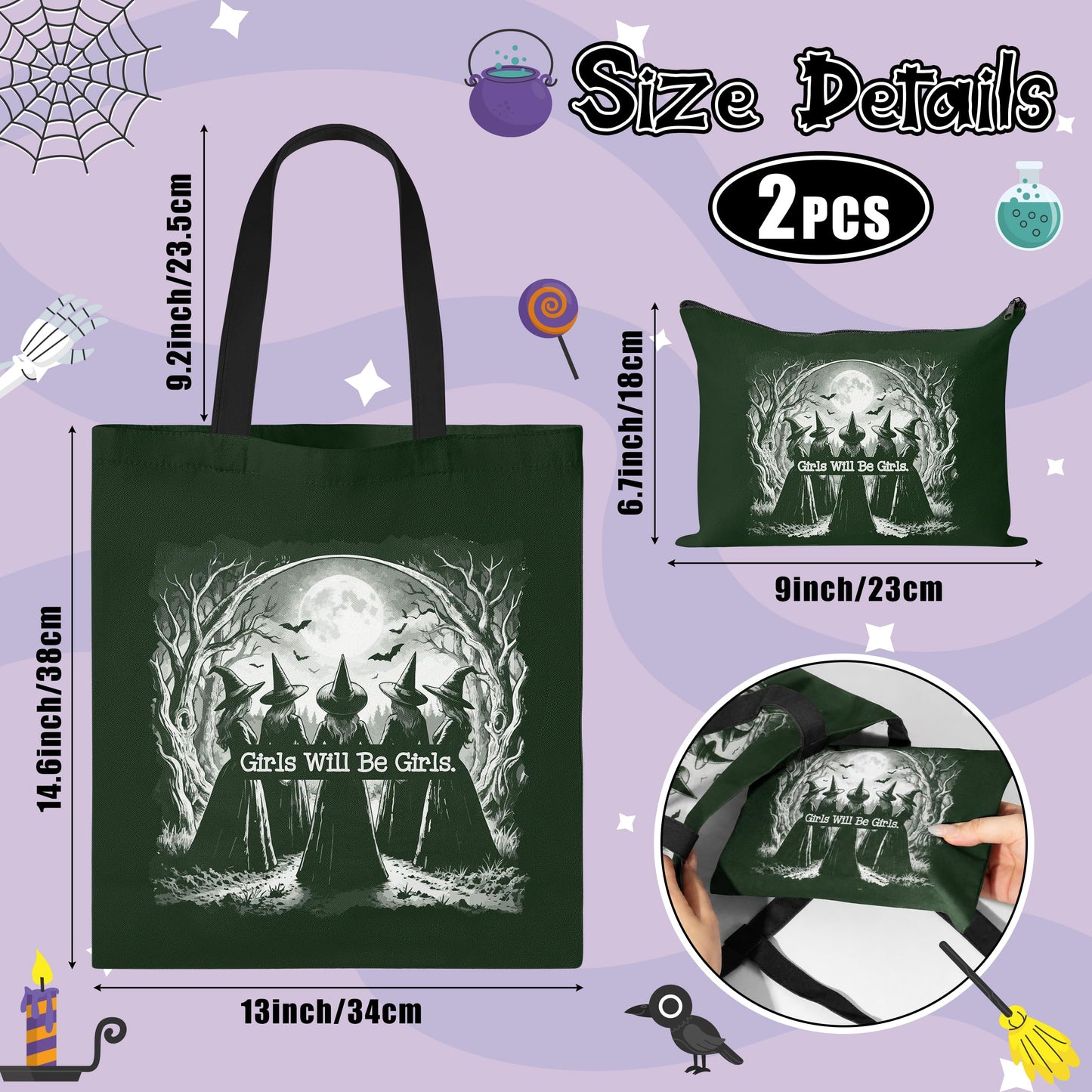 Laffact Aesthetic Witchy Canvas Bag for Women - 2Pcs Cute Girls Will Be Girls Quotes Canvas Tote Bag Makeup Pouch, Funny Black Magic Witch Reusable Grocery Shopping Handbag Gift for Halloween Birthday