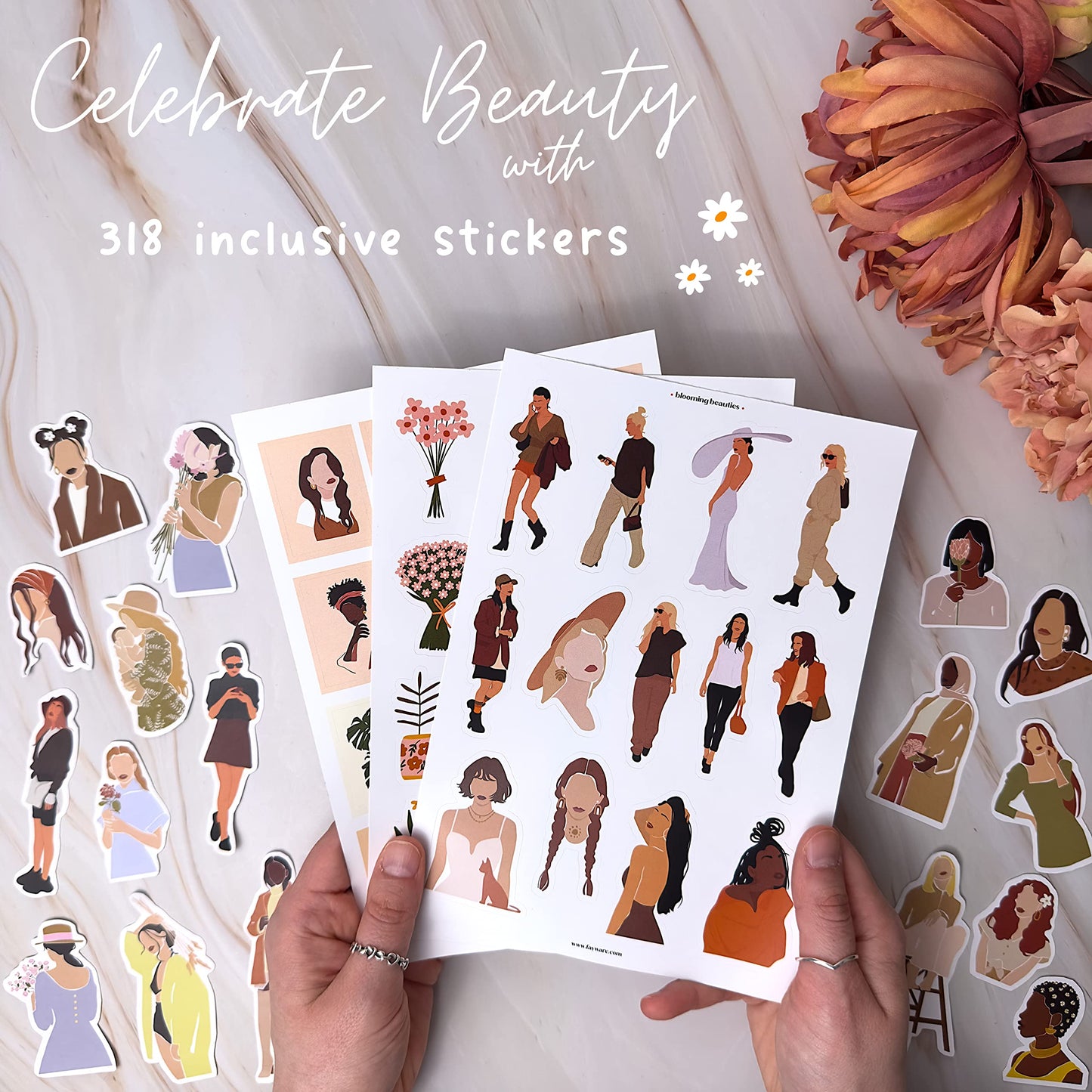People Scrapbook Sticker Set - 318 Journaling Scrapbooking Stickers. Planner Sticker Dolls with Diverse Girls & Black Women, Flowers, and Quotes