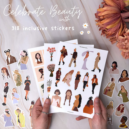 People Scrapbook Sticker Set - 318 Journaling Scrapbooking Stickers. Planner Sticker Dolls with Diverse Girls & Black Women, Flowers, and Quotes