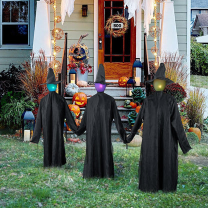 DJROLL 6 FT Halloween Decorations Outdoor Witches, 3 Pack Holding Hands Witches with Flickering Head and Scary Screams, Life Size Witch Décor for Yard Lawn Garden