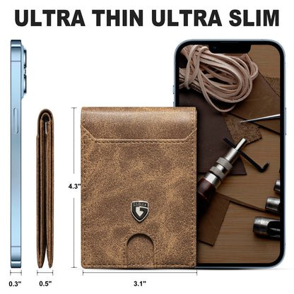 GSOIAX Slim Wallet for Men,RFID Blocking Bifold Wallet Carbon Fiber Front Pocket Wallet with 11 Card Holder Minimalist Mens Wallet with Gift Box (Leather Brown)