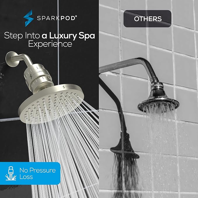 SparkPod 23-Stage Filtered Shower Head, 8" Round, Brushed Nickel | Filtered Shower Head for Hard Water Filter, High Pressure, Reduces Chlorine, Heavy Metals, For Dry Skin & Hair