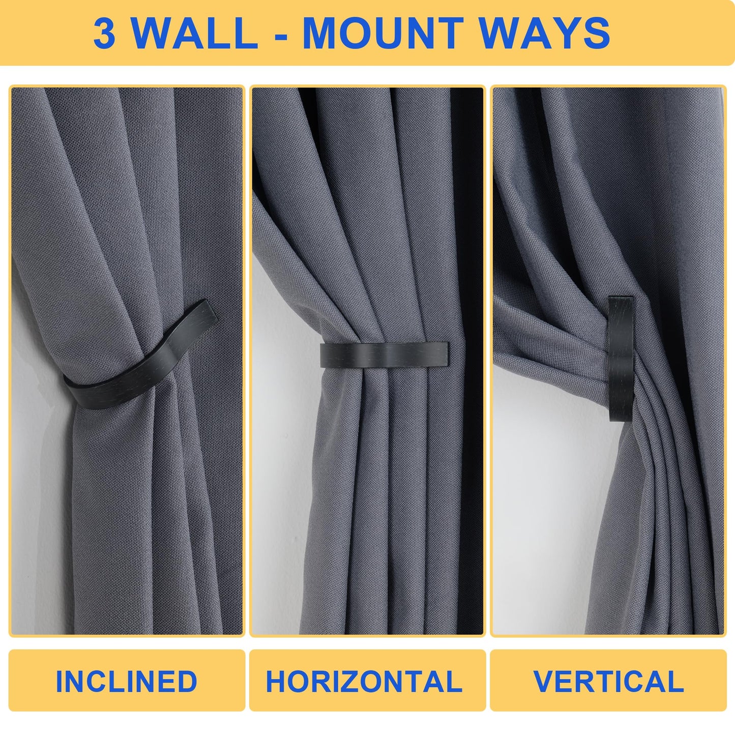 Mayrhyme Black Wood Grain Curtain Holdbacks,Solid Aluminum Wall Mounted Curtain Tiebacks & Hooks,U Shape Curtain Holders,Elegant Curtain Pull Backs for Drapes, Curtains(2 Pack)