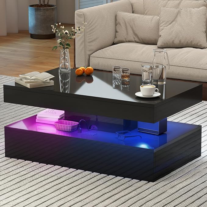 39" High-Glossy LED Coffee Table with 2 Sliding Drawers,Living Room Storage Coffe Tables,Modern Stylish Double-Layer Center Tables with LED Lights,Black