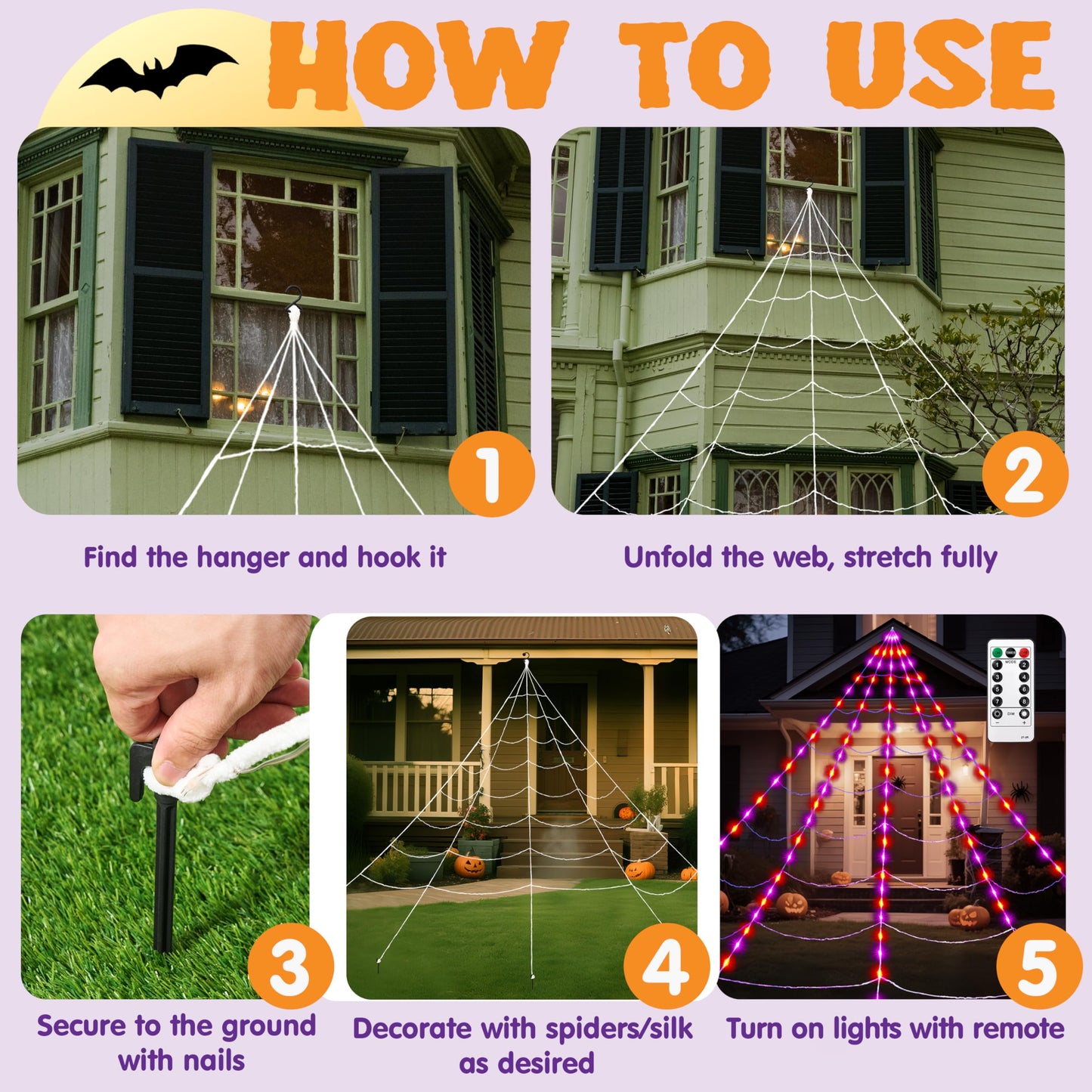 JOYIN Light-up Halloween Spider Web Decoration Outdoor, 19.7 x 14.7 FT Giant Triangular Web with LED Lights, Timer Cobweb Decor with 8 Lighting Modes for Indoor Yard Porch Haunted House Prop