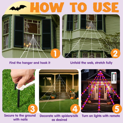 JOYIN Light-up Halloween Spider Web Decoration Outdoor, 19.7 x 14.7 FT Giant Triangular Web with LED Lights, Timer Cobweb Decor with 8 Lighting Modes for Indoor Yard Porch Haunted House Prop