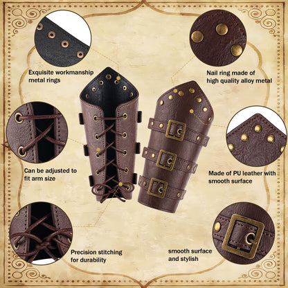 Leadinor 5 Pcs Renaissance Accessories, Medieval Viking Belt Pouch Leather Bracers Sword Frog for Halloween Costume (Brown)