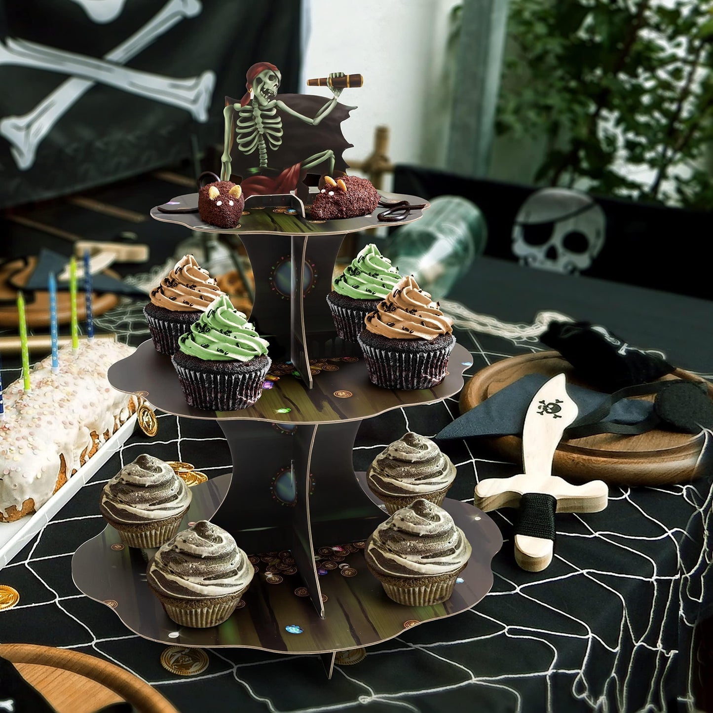 Cheerland Skull Pirate Cupcake Stand for Halloween Theme Party Decorations Cup Cake Holder Tier Stand Dessert Display Cake Serving Tray for Pirate Skeleton Spooky Birthday Cosplay Party Supplies