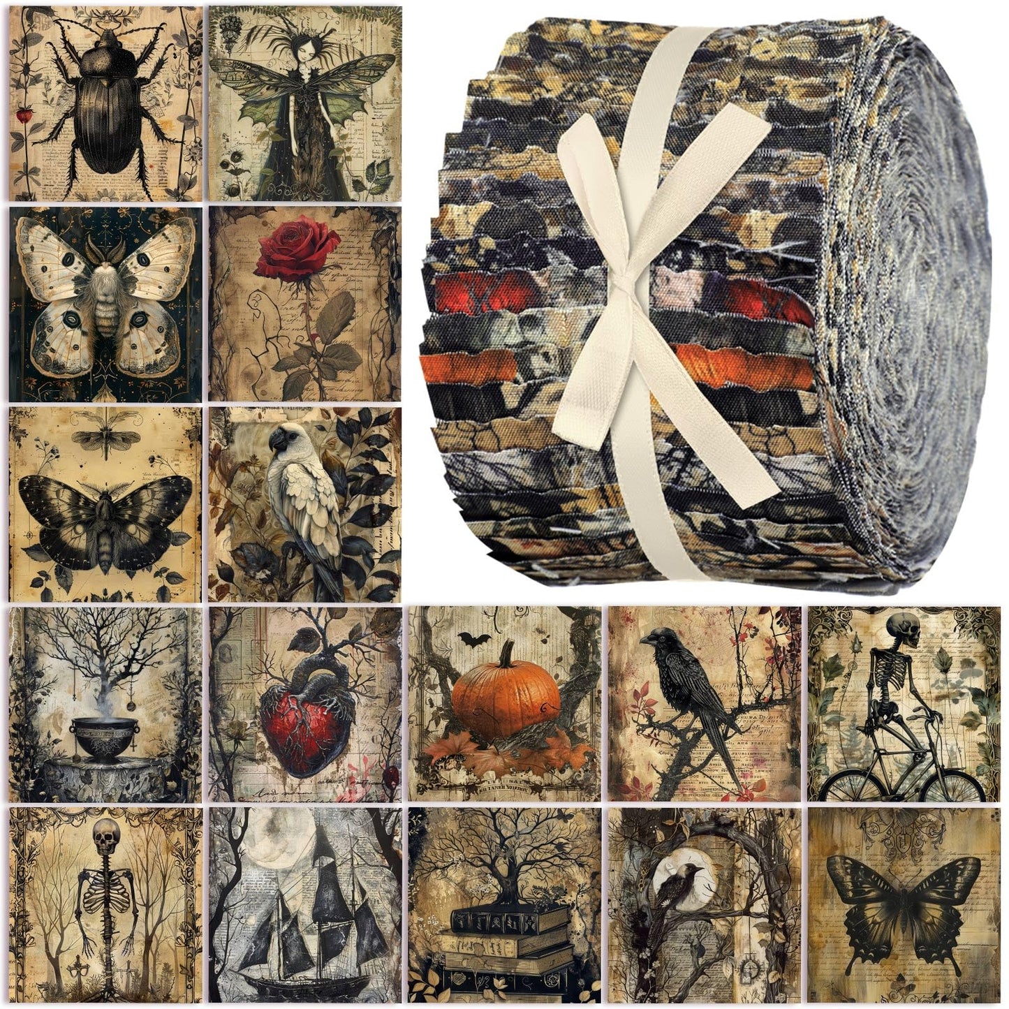 Hosuly 40 Pcs Vintage Halloween Fabric Gothic Fabric Skeleton Crow Butterfly Rose Heart Quilting Patchwork Roll Black Halloween Quilting Strips 2.55 Inch Precut for Sewing Material DIY Crafts