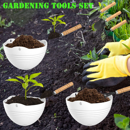 REPICLIFE Hanging Planters, Set of 9 White Hanging Pots, 8" Hanging Flower Pots, Plant Pots with Drainage Plugs, Water Barrier and Chains, Come with Free Mini Garden Tools Set