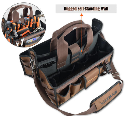 WELKINLAND 20-Pockets Tool Tote Bag, 16" Electrician Tool Bag, Open-Top Tool Bag, Stay-Up HVAC Tools Bag, Brown Tech Tools Bags, HVAC Bag, Tool Tote Bag With Handle