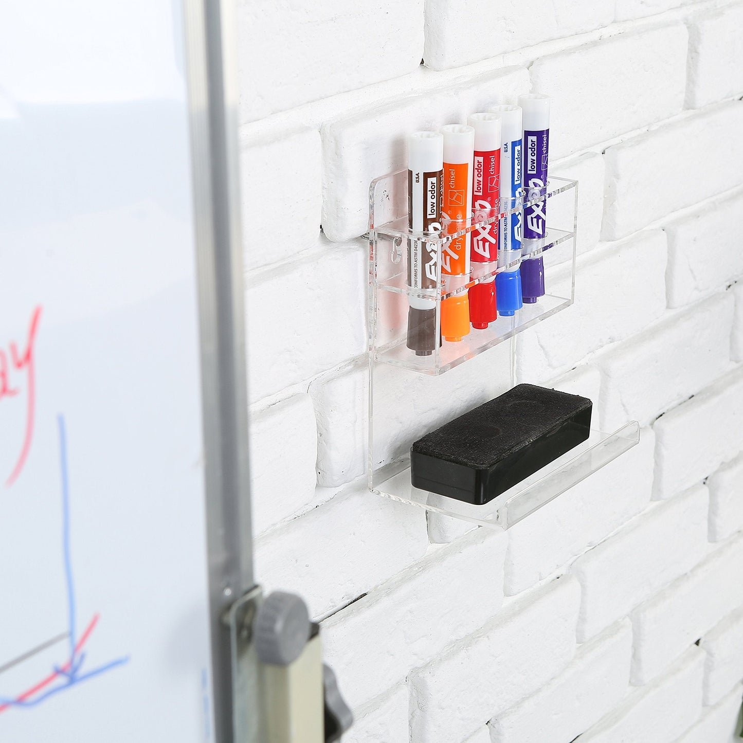 MyGift Wall Mounted Clear Acrylic Dry Erase Marker Holder Organizer for 5 Markers and Eraser, Hanging Whiteboard Accessories Rack for Office Home Dorm Classroom Meeting Room, Set of 2