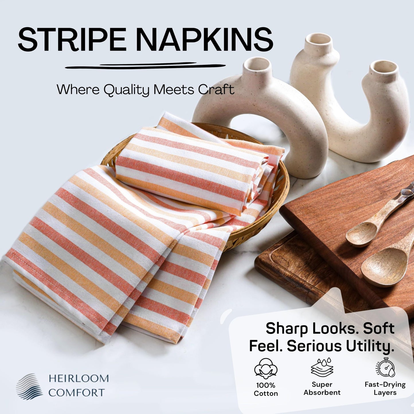 HEIRLOOM COMFORT Fiesta Stripe 100% Cotton Cloth Napkins Set of 6, Large 18x18 Inch, Colorful, Washable, Reusable & Durable Fabric for Dining, Events, Parties & Daily Table Use, Orange & Yellow