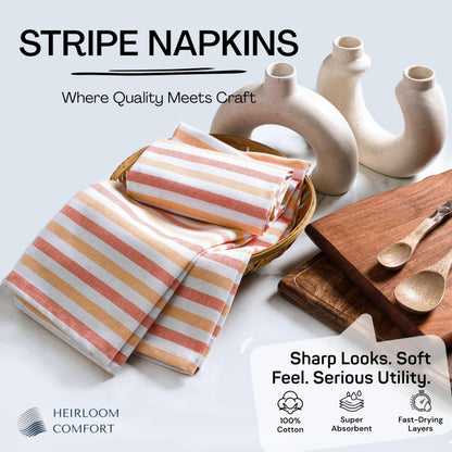 HEIRLOOM COMFORT Fiesta Stripe 100% Cotton Cloth Napkins Set of 6, Large 18x18 Inch, Colorful, Washable, Reusable & Durable Fabric for Dining, Events, Parties & Daily Table Use, Orange & Yellow