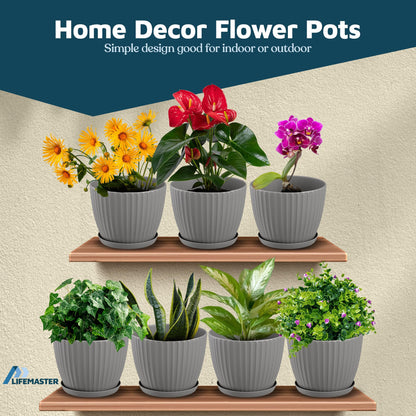 Gray 6-Inch Plant Pots with Drainage & Saucers 6 Pack, Indoor & Outdoor Planters for Houseplants, Herbs, and Flowers, Durable & Weatherproof Material, Stackable, Lightweight, Minimalist Design