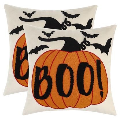 LUOYEHK Halloween Pillow Covers 18x18 Set of 2 Boo Embroidery Throw Pillow Covers Farmhouse Halloween Home Decor Cushion Covers for Couch Sofa Bed