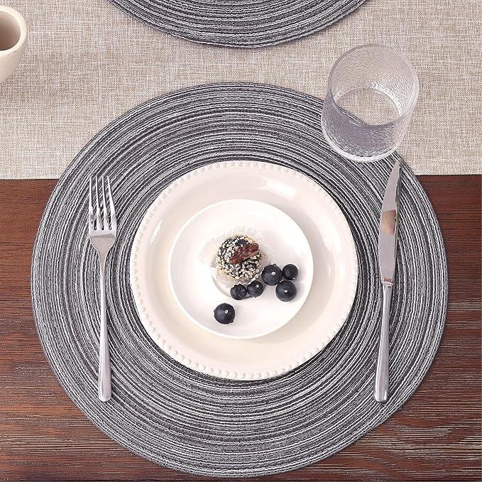 SHACOS Round Braided Placemats Set of 8 Round Table Mats for Dining Tables Non Slip Washable (Black Grey, 8)