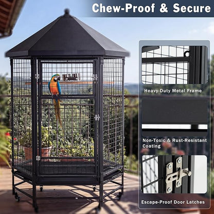 69" Extra Large Bird Cage for Parrots, Heavy Duty Metal Aviary on Wheels with Rolling Stand & Slide-Out Trays for African Greys, Cockatoos, Conures, Macaws, Indoor Outdoor, Black