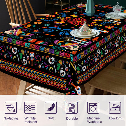 Unibyby Mexican Tablecloth Rectangle 60 x 120 Inch, Cinco De Mayo Flower Skull Table Cloth Fiesta Indoor Decorations for Dining Room Party