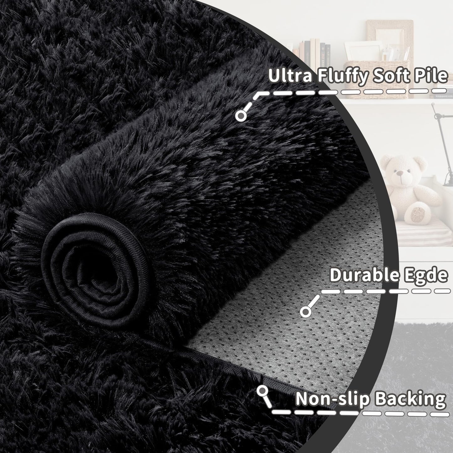 6x9 Area Rug for Living Room: Ultra Soft Fluffy Rug Modern Large Thicked Shag Rug for Bedroom Non Slip Indoor Fuzzy Carpets for Girls Kids Room Nursery Dorm Home Decor Black