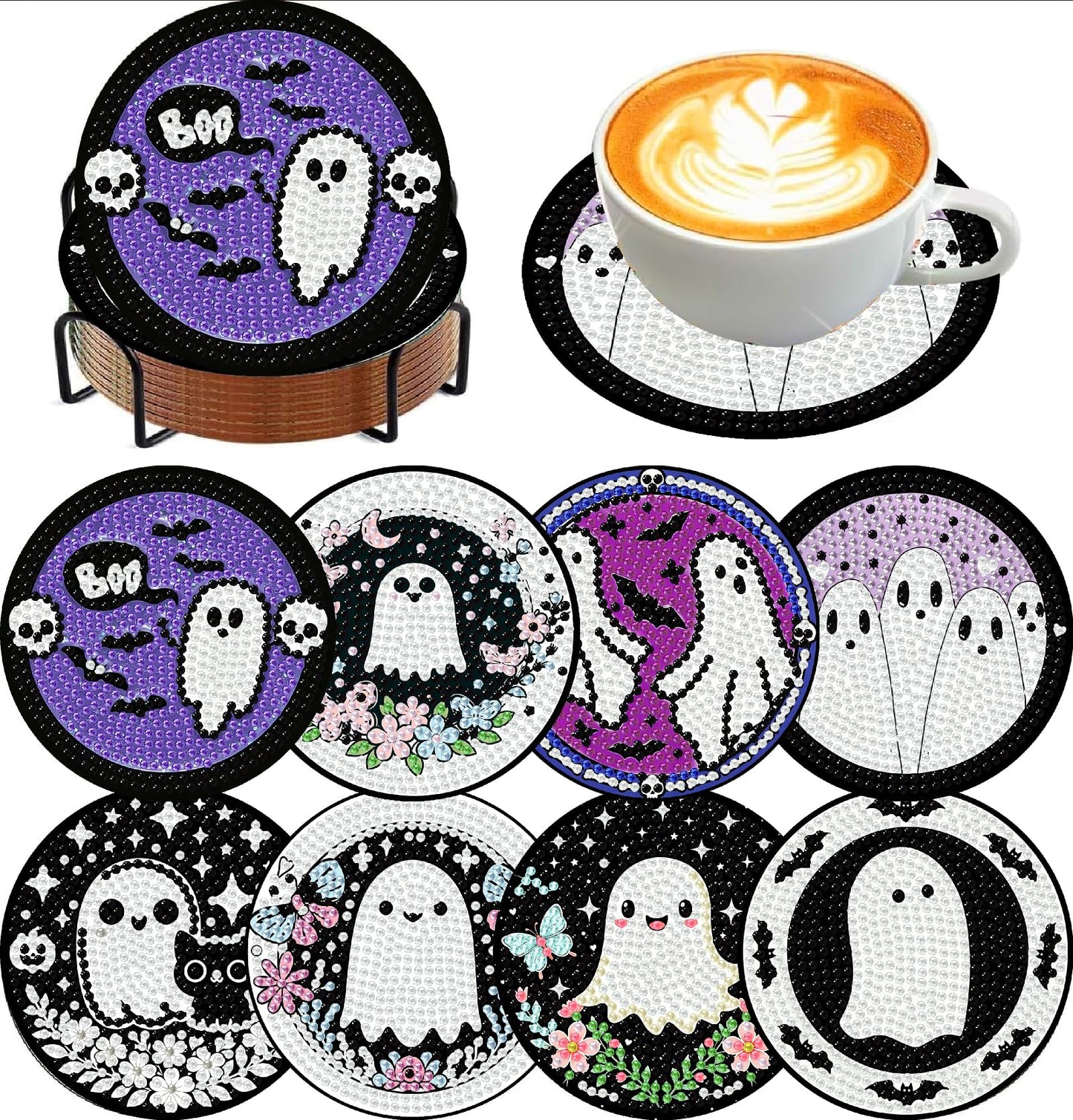 KYOQFVN 8 PCS Halloween Diamond Art Coasters, Ghost Diamond Painting Coasters with Holder Cork Pad, Diamond Dots Art Painting Coasters Crafts Kit for Home Wall Decor (Ghost Theme)