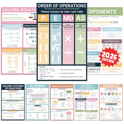 BrightenKidz 8 Pack Math Posters for Middle School, 11x17 Back to School Laminated Educational Chart, Teacher Must Haves for Classroom Homeschool Decor, Algebra Linear Equations Order of Operations