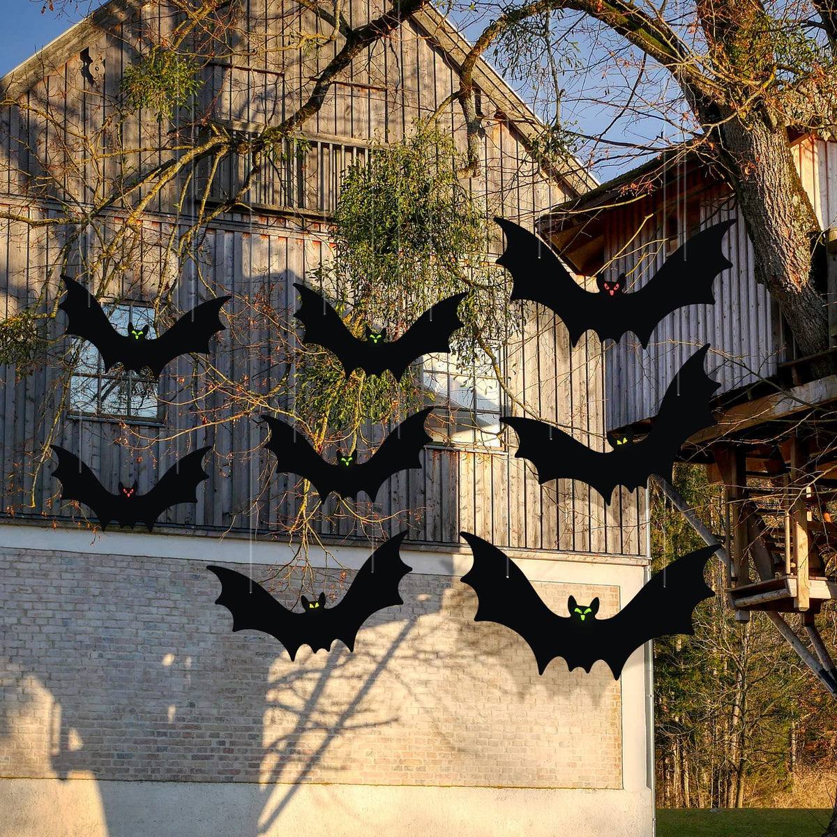 VERNILLA Hanging Bats Halloween Decorations 12pcs 3D Realistic Halloween Hanging Flying Bat with Glowing Eyes for Outdoor (3 Styles)