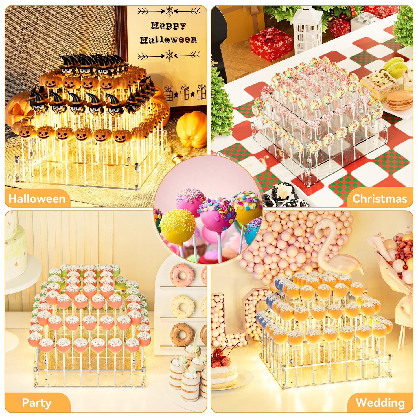 Goabroa Cake Pop Stand, 72 Holes Upgraded Acrylic Cake Pop Holder with LED Light, Cake Pop Display for Weddings Christmas Birthday Parties Anniversaries Halloween Candy Decorative