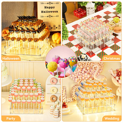 Goabroa Cake Pop Stand, 72 Holes Upgraded Acrylic Cake Pop Holder with LED Light, Cake Pop Display for Weddings Christmas Birthday Parties Anniversaries Halloween Candy Decorative