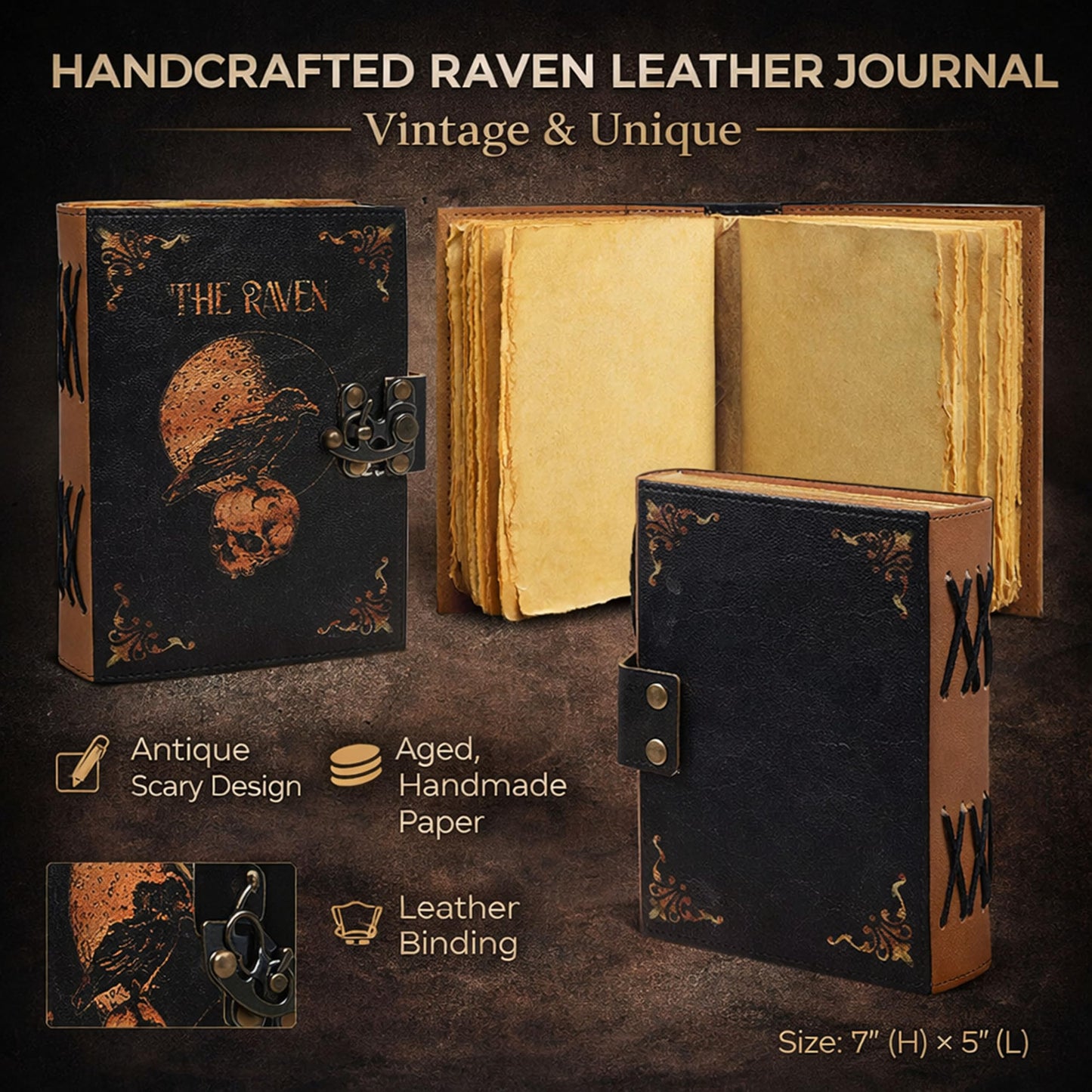 Leather Gothic Journal Magical Raven Skull Spiral Notebook Mystery Crow Journal Grimoire Witchcraft Spellwork Journal Great for Halloween and Raven Lovers Aesthetic Leather Journal for Men and Women