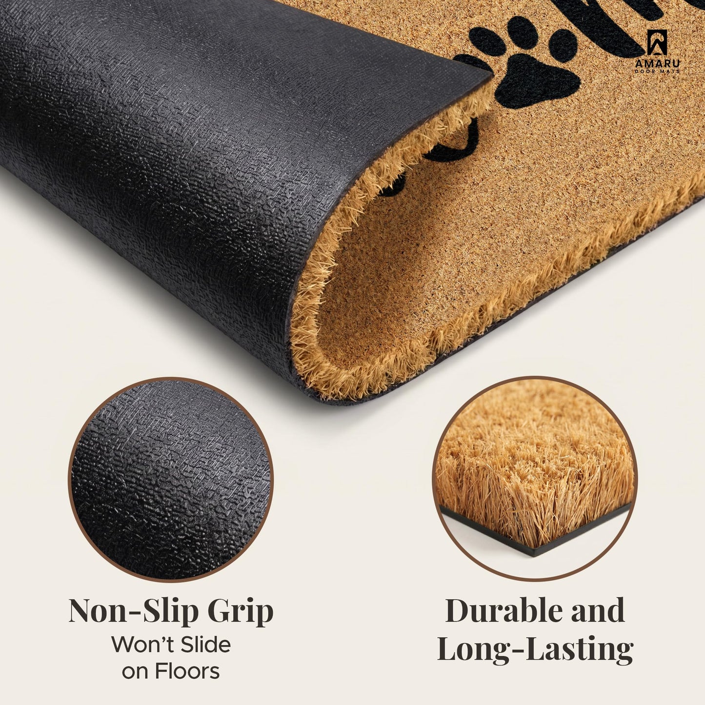 AMARU DOOR MATS - Natural Coir Door Mat, Minimal Shedding, Heavy Duty Non-Slip Welcome Mat for Front Door, Outside Entrance, Porch & Entryway (17x29, Welcome Paws)