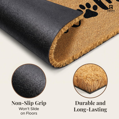 AMARU DOOR MATS - Natural Coir Door Mat, Minimal Shedding, Heavy Duty Non-Slip Welcome Mat for Front Door, Outside Entrance, Porch & Entryway (17x29, Welcome Paws)