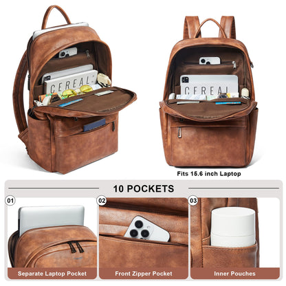 tiamyi Vegan Leather Backpack for Women and Men, Fits 16.0 Inch Laptop, Multi-Pocket Design with Water Bottle and Luggage Strap, Ideal for Work, Travel, and Daily Use, Brown