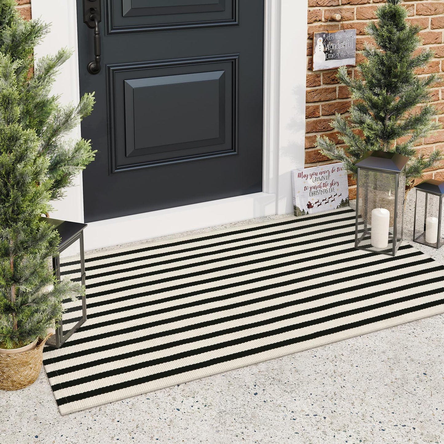 Black and White Outdoor Rug, 2x4.3 Striped Front Door Rug Cotton Hand-Woven Reversible Entryway Rugs Welcome Layered Doormat Porch Rugs for Entrance Decor Farmhouse Kitchen