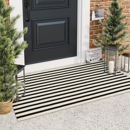 Black and White Outdoor Rug, 2x4.3 Striped Front Door Rug Cotton Hand-Woven Reversible Entryway Rugs Welcome Layered Doormat Porch Rugs for Entrance Decor Farmhouse Kitchen