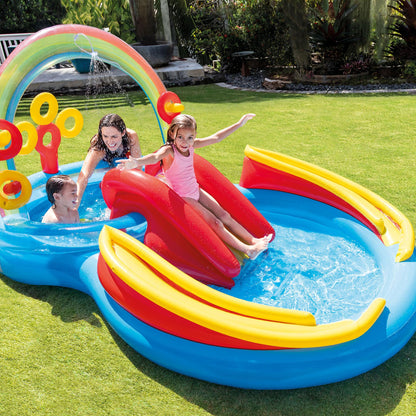 Intex 57453EP 9.75 Foot x 6.3 Foot x 53 Inch Multicolor Rainbow Slide Kids Inflatable Pool with Water Slide and Ring Toss for Children Ages 2 and Up