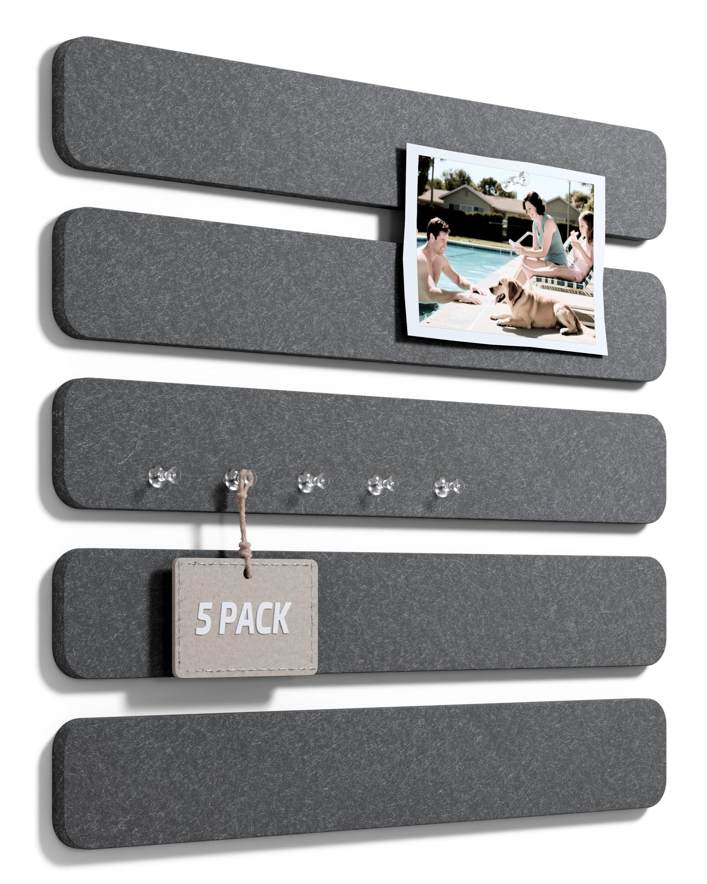 Fluxynara Cork Board Alternative Felt Strip Board 5-Pack 13"x2", Office Pin Board with 35 Push Pins, Adhesive Install for Bedroom Door & Home Office(Charcoal Gray)
