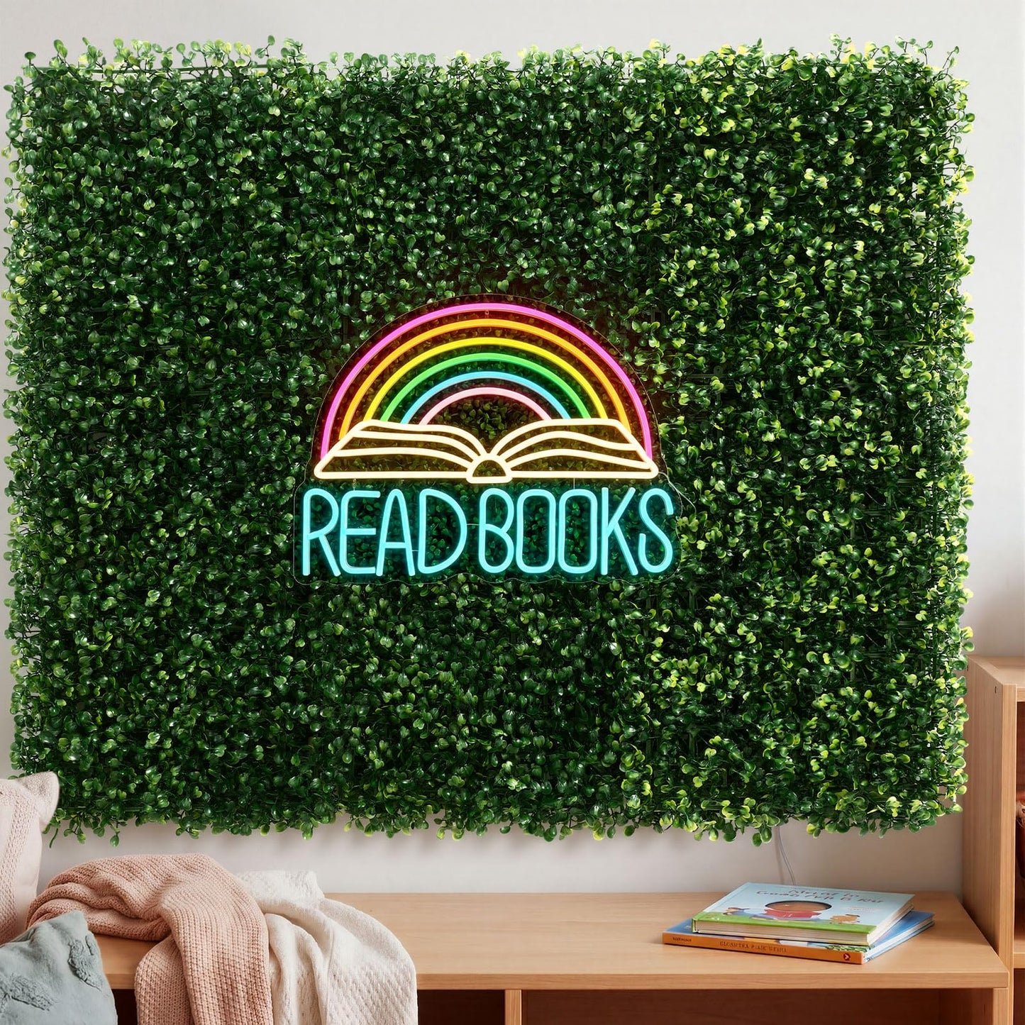 Fumete 13 Pcs Classroom Reading Corner Calming Corner Decor 10 x 10" Artificial Grass Wall Panels with Read Books Neon Sign Classroom Greenery Wall Decoration for Home School Party Supplies