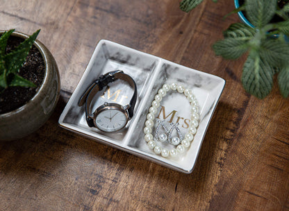 Aller Home & Kitchen Mr. & Mrs. Ring Dish - Marble Design Trinket Dish, Couples Ring Holder Dish - His and Hers Two Section Jewelry Dish Tray, Great for Wedding and Engagement Gifts