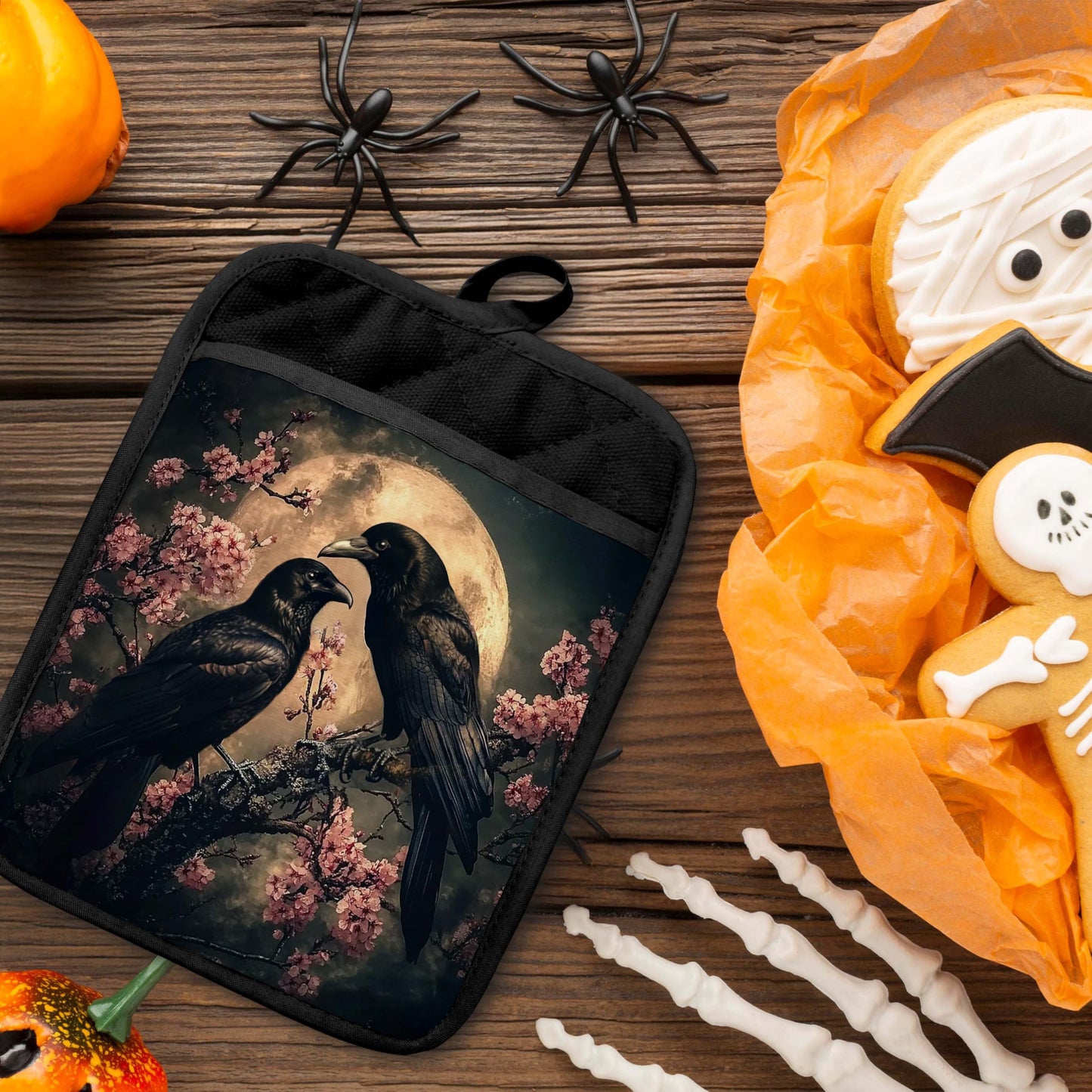 GOOZHO Moody Moonlit Gothic Raven Pot Holders with Pockets, Dark Academia Halloween Crow Cherry Blossom Oven Pot Holders Heat Resistant Oven Mitts Hot Pads for Kitchen Baking Cooking