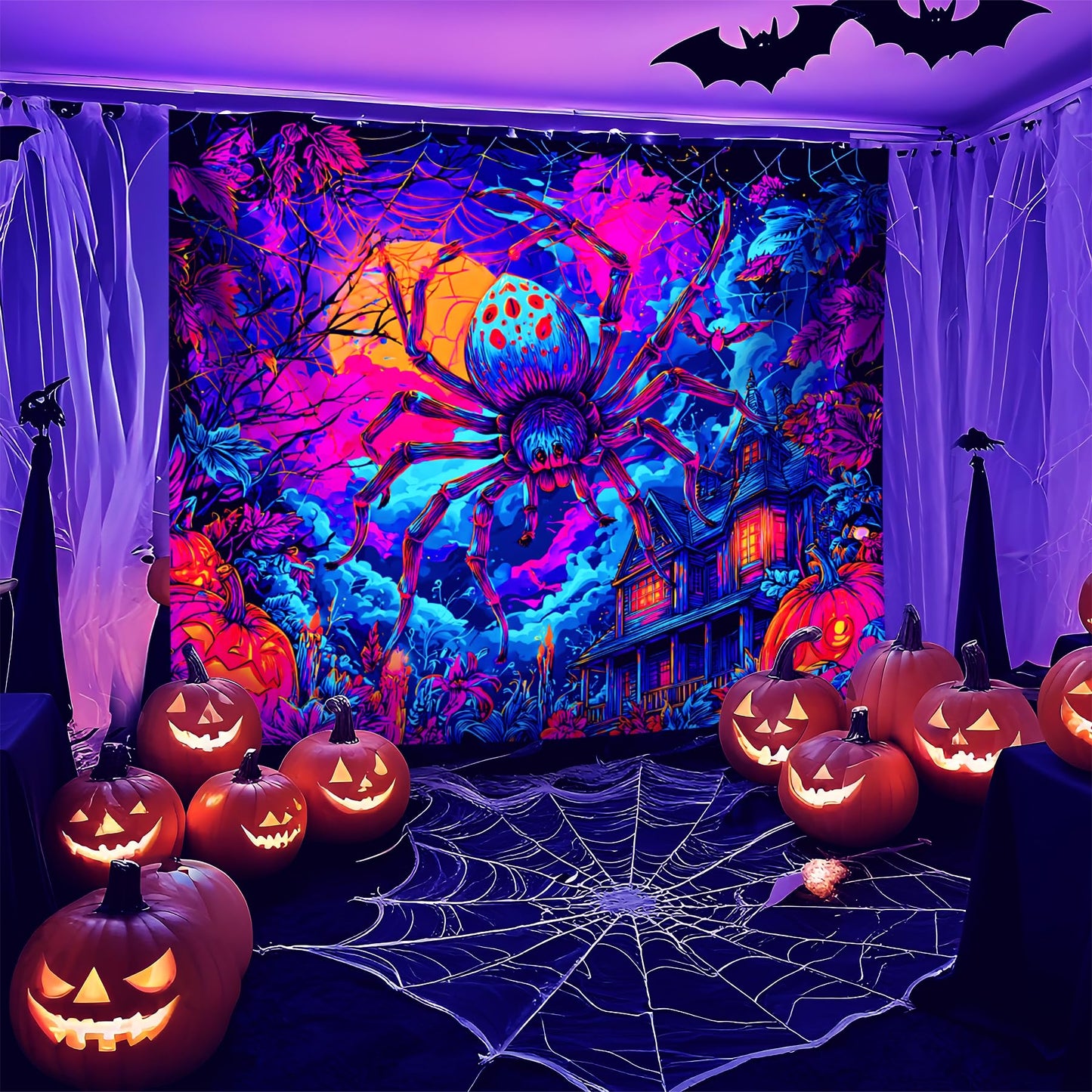 NYZE Spider Tapestry for Black Light, Tapestry Blacklight Halloween Wall Decor Tapestrie Glow in The Dark Party Decor UV Reactive Poster for Bedroom 90 * 70in