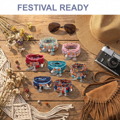 Msndnjr Beaded Bracelets for Women -Boho Beaded Bracelet Stack for Women, 6-Piece Stackable Stretch Bracelets Set, Colorful Layered Beaded Bracelets for Summer Beach & Festivals