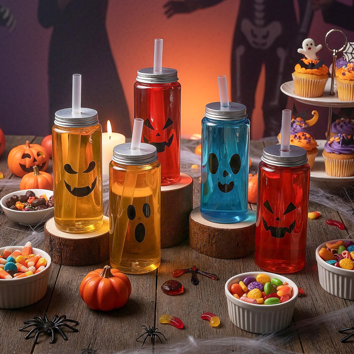 Patelai 12 Pcs Halloween Plastic Cups with Lids and Straws 13.5 oz Pumpkin Ghost Face Drinking Cup Reusable Clear Bottles Scary Printed Party Tumblers for Trick or Treat Party Supplies