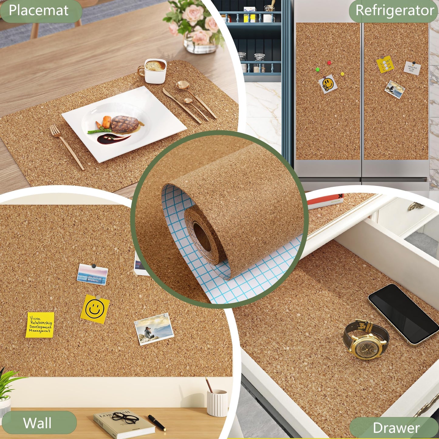 ReWallpaper Bulletin Board Corkboard Roll 17.3in x 3.9ft 3mm Thick Peel and Stick Corkboard for Wall Notes Photos Kids Art Classroom Home Office Memo Display Easy Grid Cut Daily Planner Center Zone