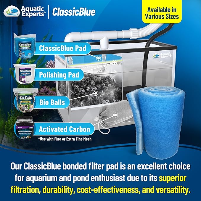 Aquatic Experts Classic Bonded Aquarium Filter Pad -12 Inches by 12 Feet by .75 Inch - Blue and White Filter Media Pad Bulk - Replacement Filter Rolls of Prefilter Floss - Made in USA