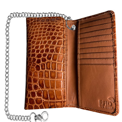 IBRO Motorcycle Chain Wallet for Men – Premium Cowhide Leather, RFID Tri-Fold Biker Wallet with Heavy Duty Chain for Bikers Truckers & Hunters, Credit Card Money Organizer Long Wallet Crocodile Brown